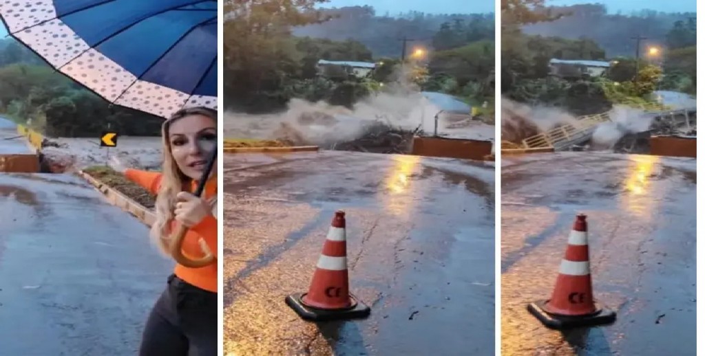 Brasil: una alcaldesa transmitía en vivo las inundaciones y se cayó un puente